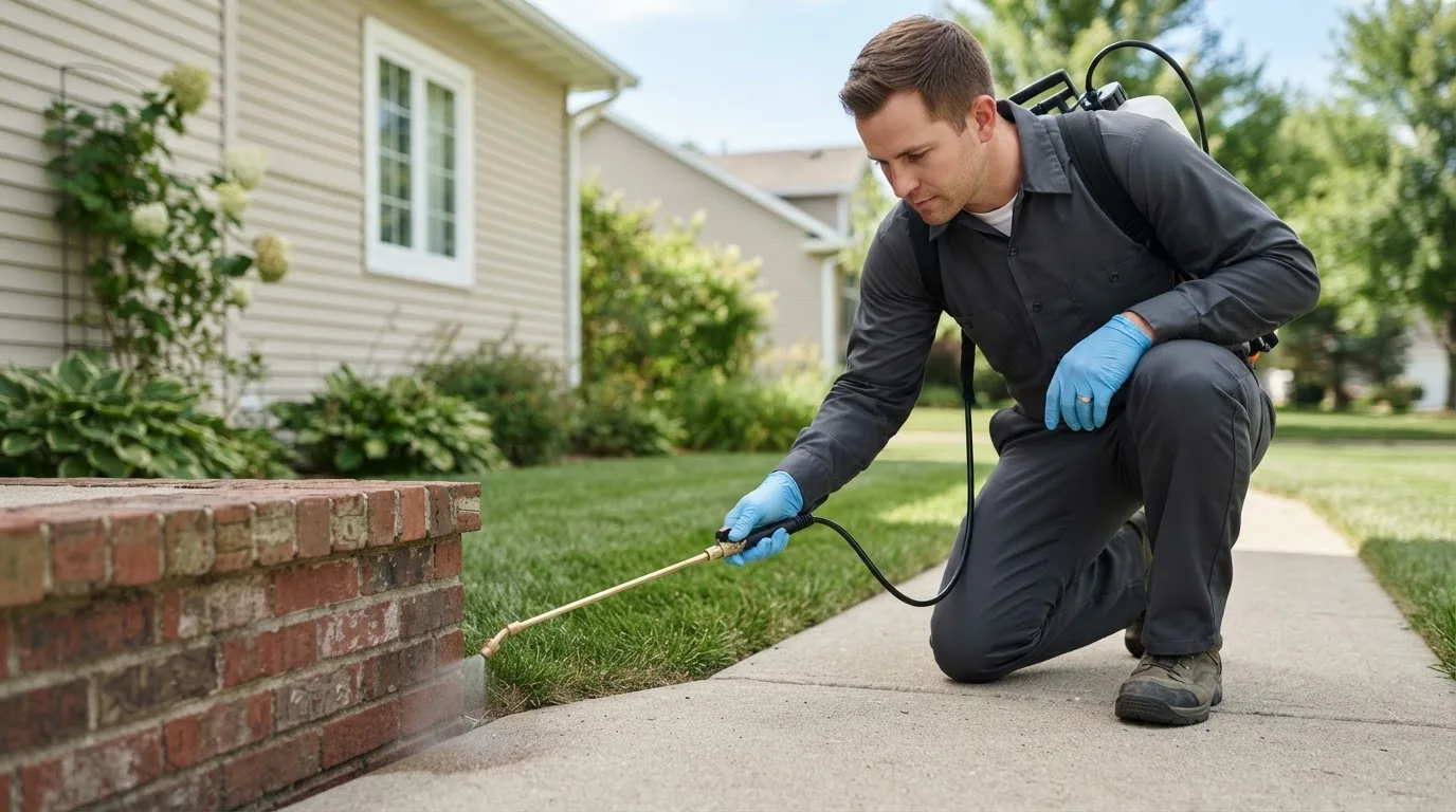 Pest control technician treating a home near New Madrid, MO